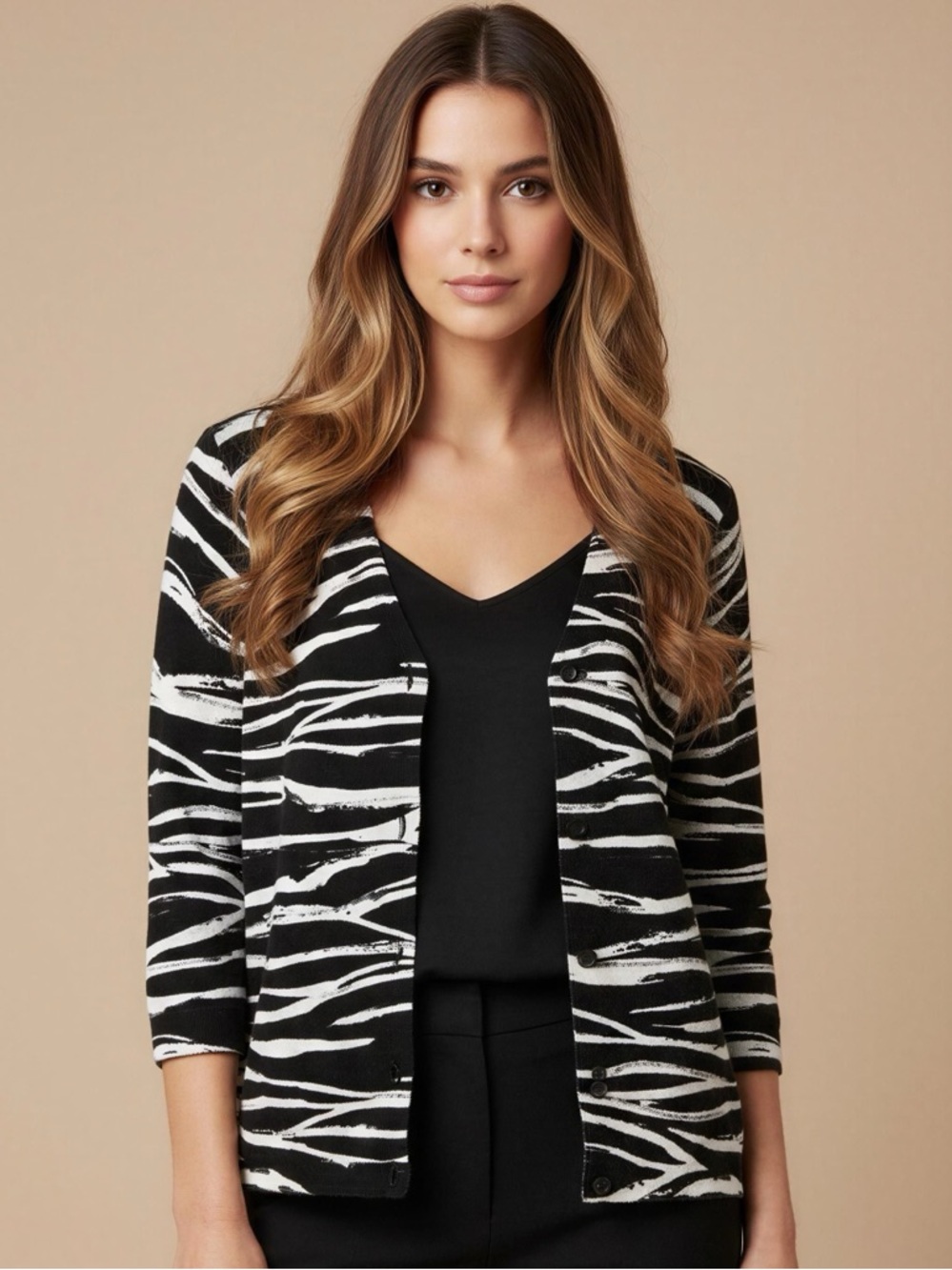 Madison Black and White Zebra-Print Cardigan Sweater Size S